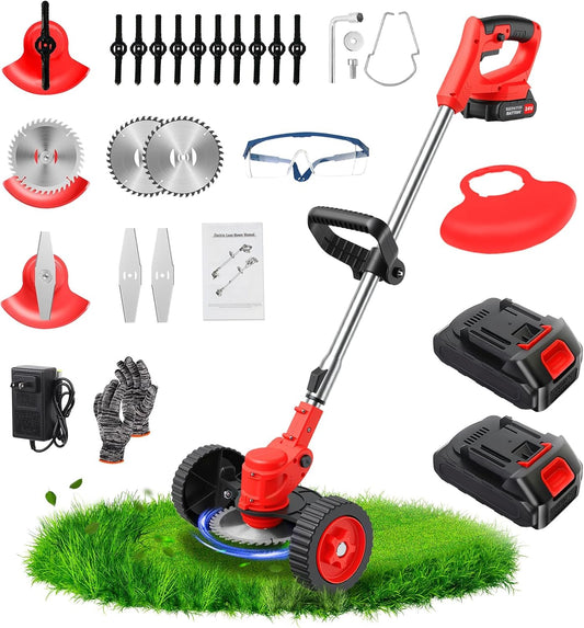 Lushbleu 24V 3-in-1 Cordless Weed Wacker with Wheels, 2 Batteries & Charger