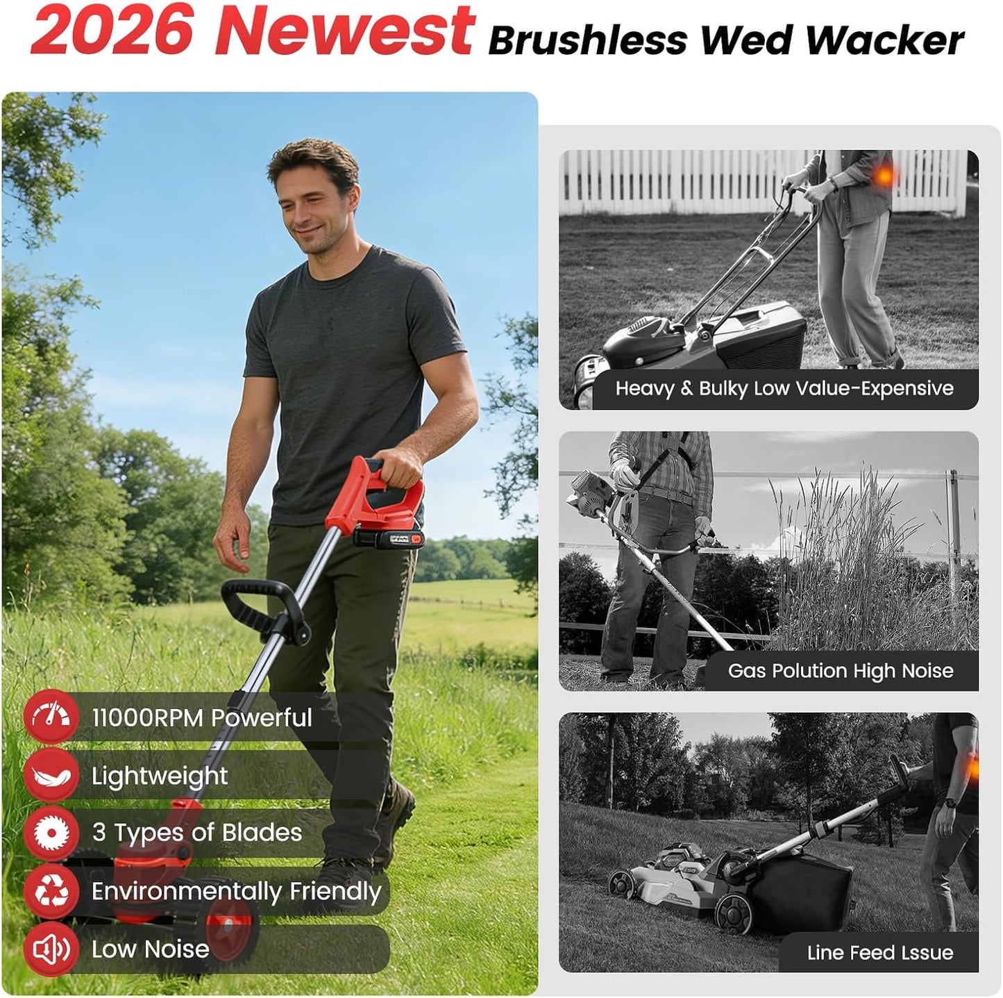 Lushbleu 24V 3-in-1 Cordless Weed Wacker with Wheels, 2 Batteries & Charger