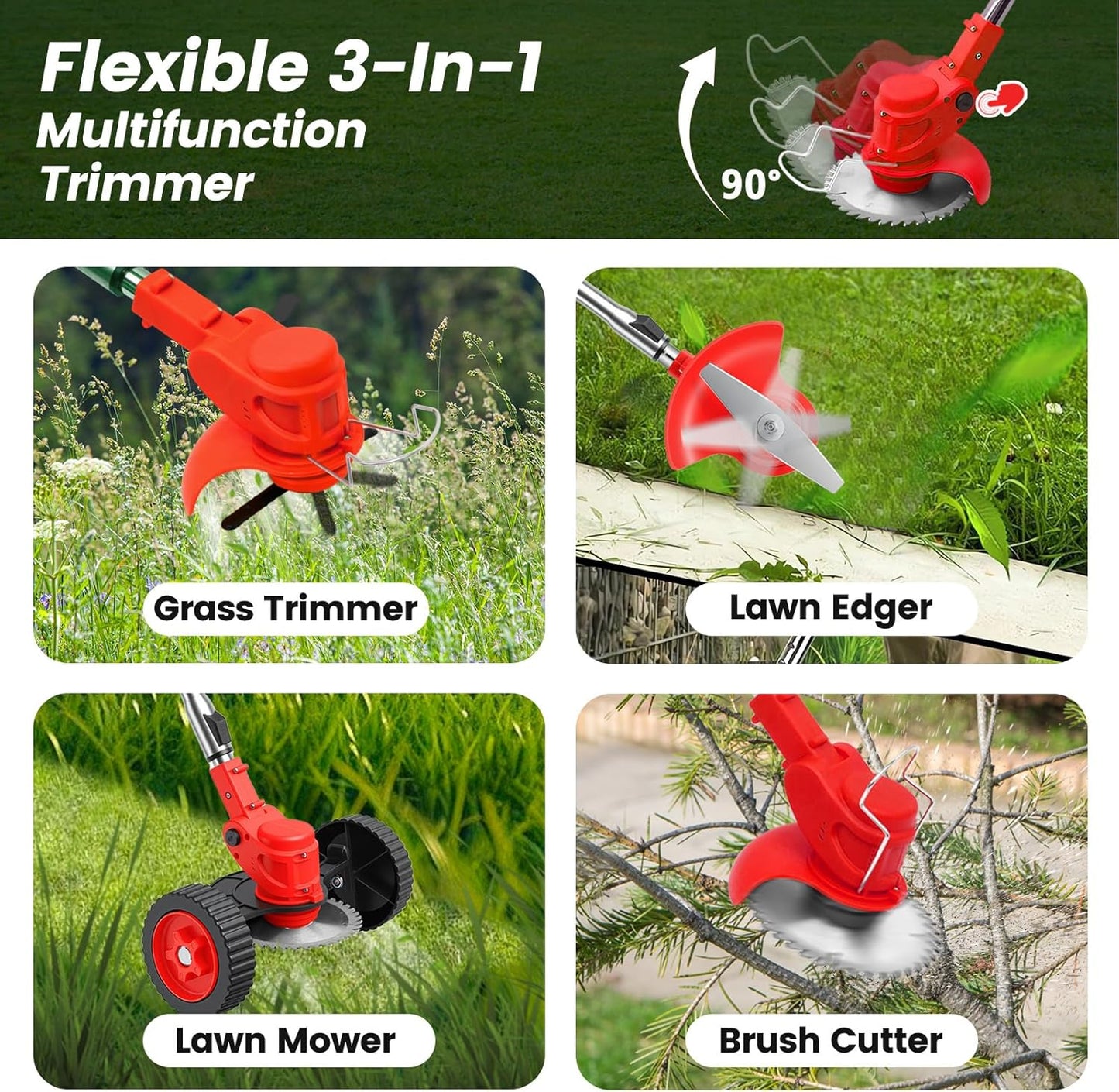 Lushbleu 24V 3-in-1 Cordless Weed Wacker with Wheels, 2 Batteries & Charger