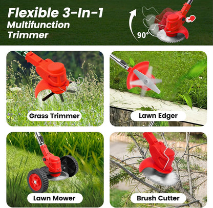 Lushbleu 24V 3-in-1 Cordless Weed Wacker with Wheels, 2 Batteries & Charger