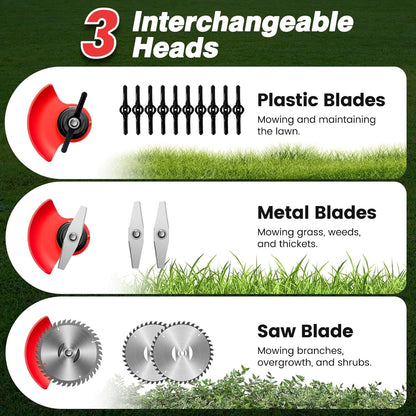 Lushbleu 24V 3-in-1 Cordless Weed Wacker with Wheels, 2 Batteries & Charger