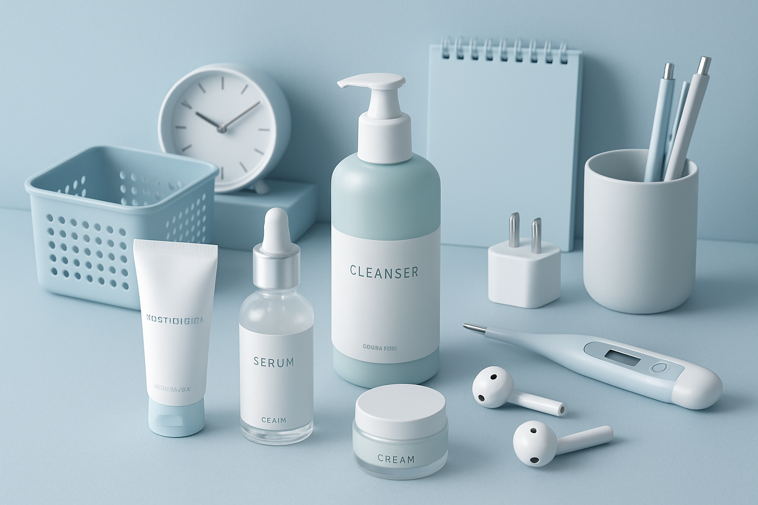 image should be a mix of all products which includes skin care, helpful utilities and more. the picture should match with the store color that is light blue